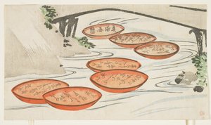 Tasses de saké dans une rivière, vers 1854-59